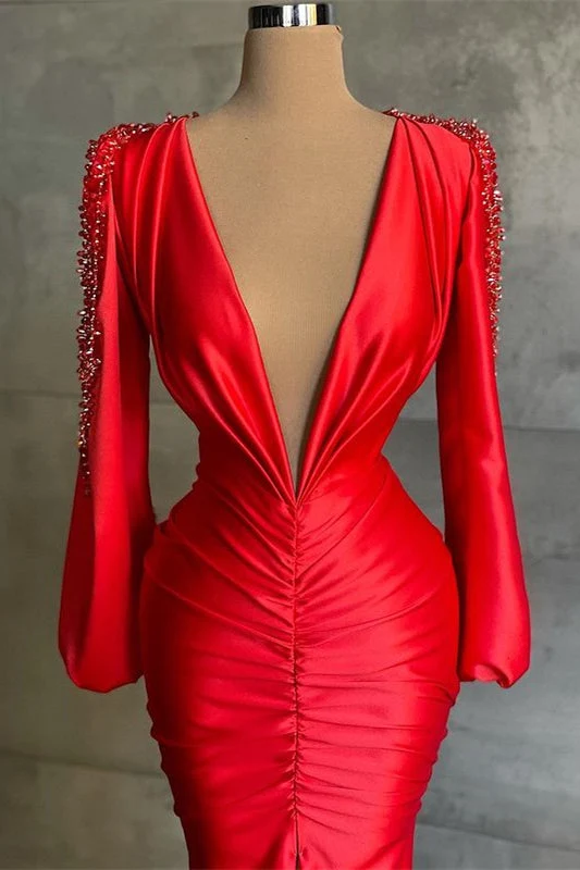 Robe de bal sirène rouge élégante à col en V profond et manches longues