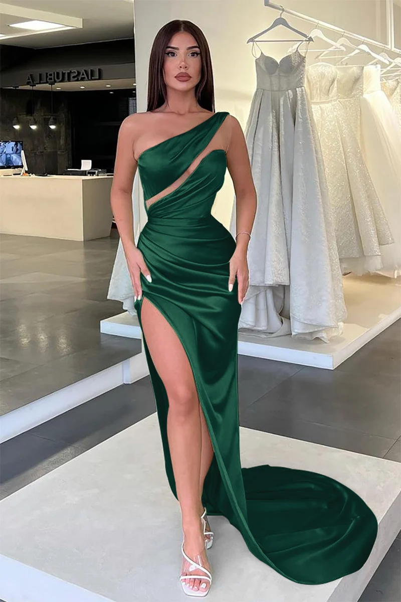 Robe de soirée longue élégante vert clair à une épaule et sans manches avec fente
