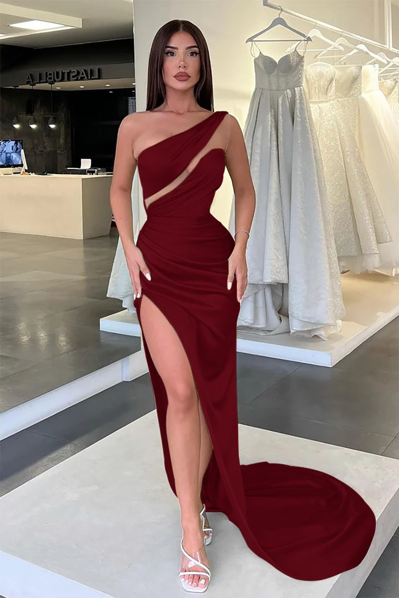 Robe de soirée longue élégante vert clair à une épaule et sans manches avec fente