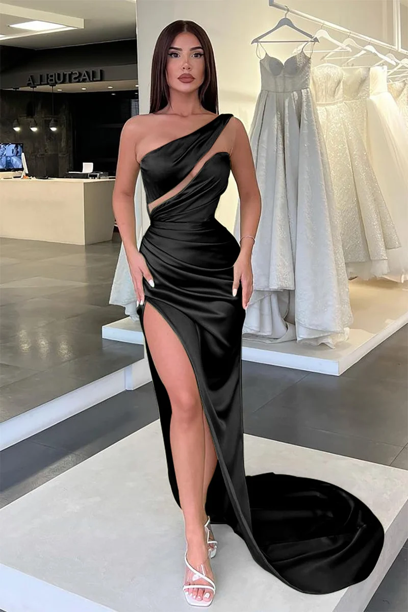 Robe de soirée longue élégante vert clair à une épaule et sans manches avec fente