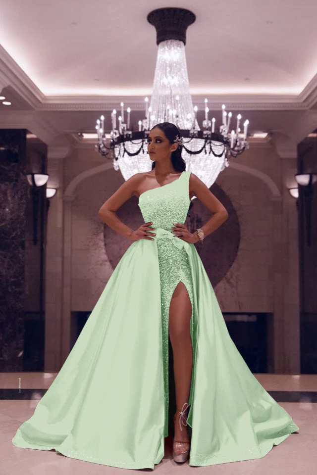 Robe de bal sirène argentée élégante à une épaule avec ornements en paillettes et fente