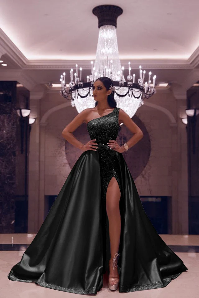Robe de bal sirène argentée élégante à une épaule avec ornements en paillettes et fente
