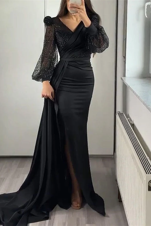 Robe de soirée sirène élégante à col en V et manches longues en sequins avec volants fendus