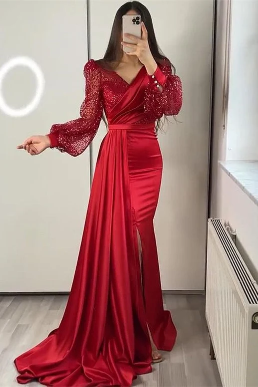 Robe de soirée sirène élégante à col en V et manches longues en sequins avec volants fendus