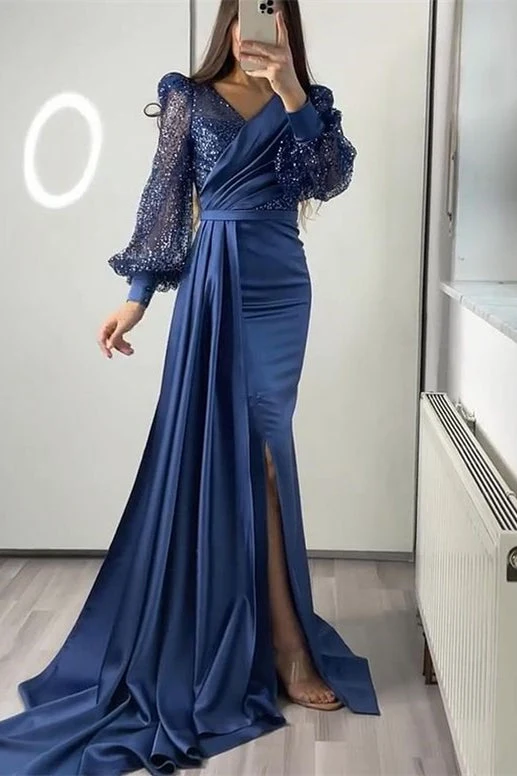 Robe de soirée sirène élégante à col en V et manches longues en sequins avec volants fendus