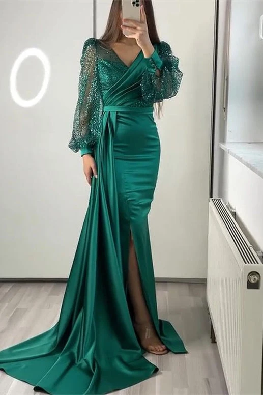 Robe de soirée sirène élégante à col en V et manches longues en sequins avec volants fendus