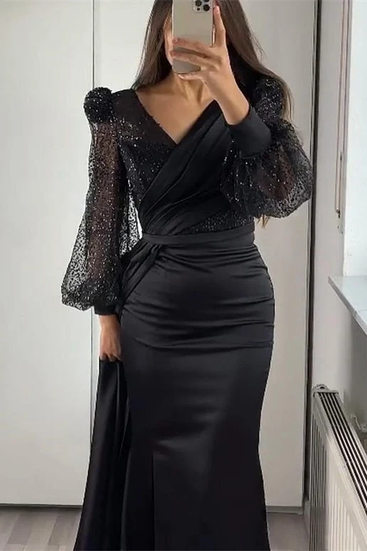 Robe de soirée sirène élégante à col en V et manches longues en sequins avec volants fendus