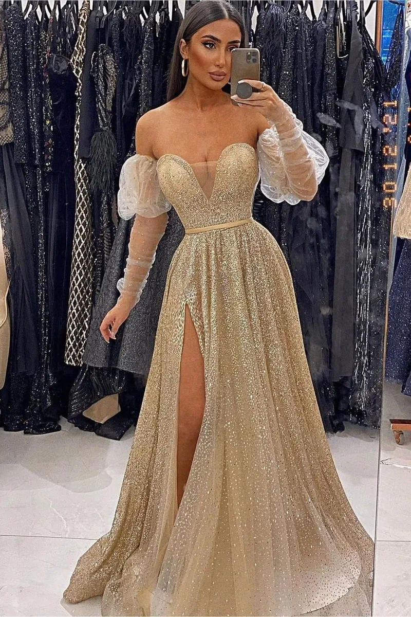 Superbe robe de bal à paillettes champagne, col en V, manches longues élégantes et fente sur le devant