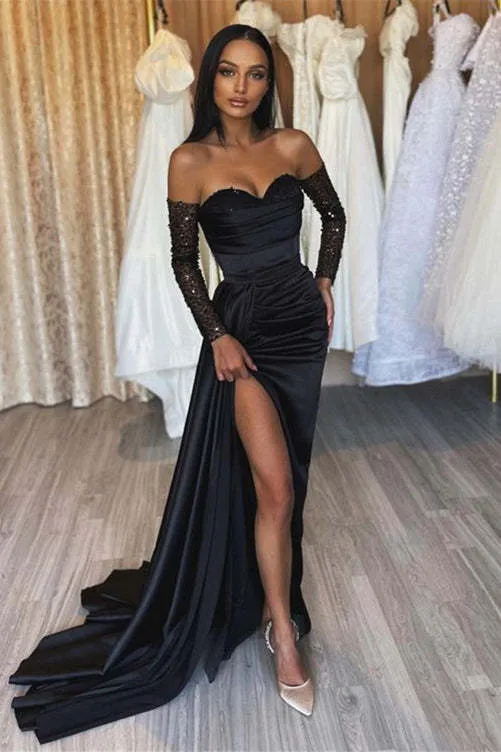 Robe de bal noire élégante à manches courtes et fente plissée