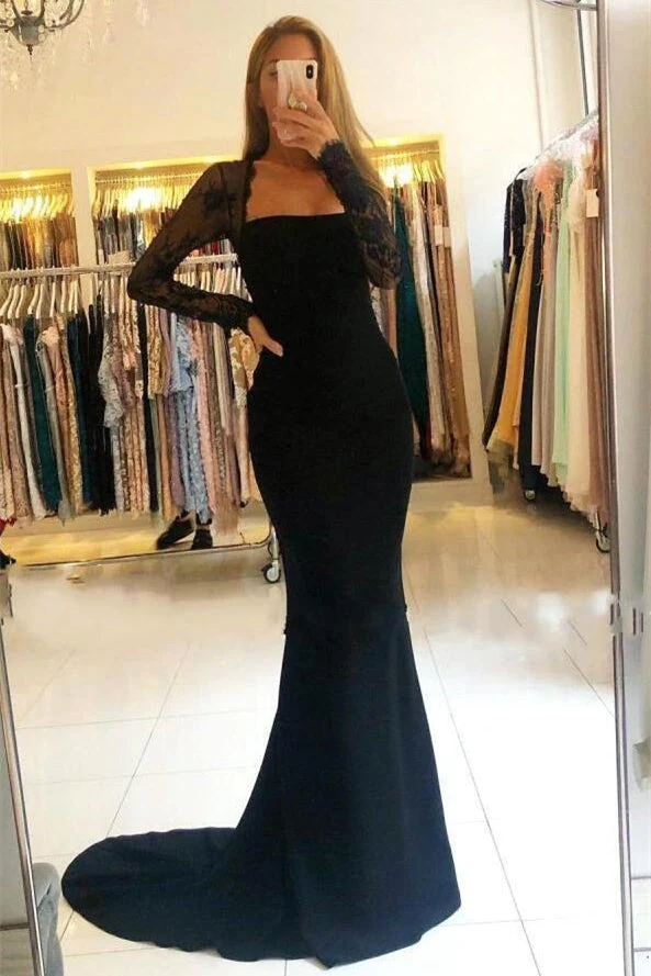 Robe de bal sirène noire élégante à manches longues et dentelle, avec des détails exquis