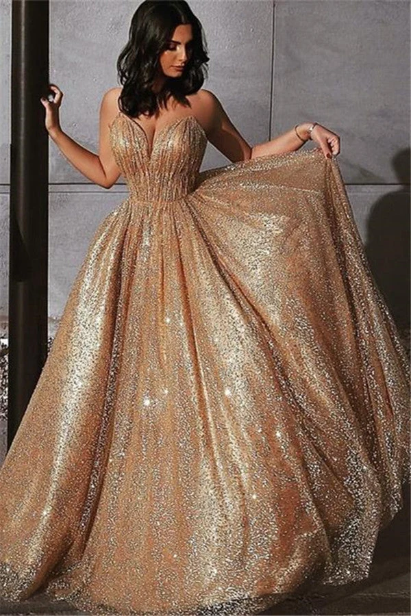 Robe de bal à paillettes dorées scintillantes et col en V pour femme, élégante robe longue sans manches