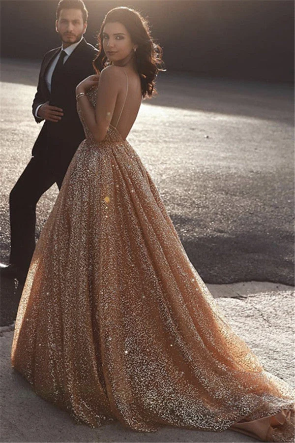 Robe de bal à paillettes dorées scintillantes et col en V pour femme, élégante robe longue sans manches