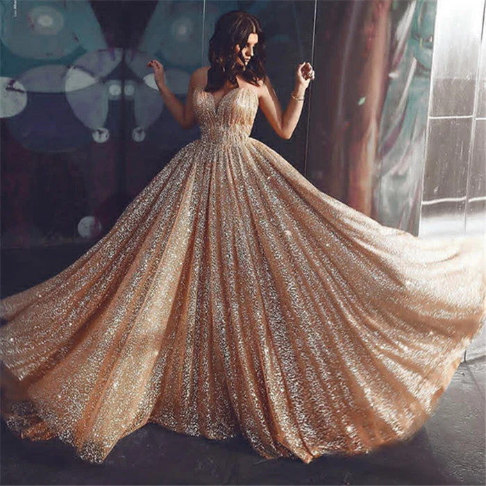 Robe de bal à paillettes dorées scintillantes et col en V pour femme, élégante robe longue sans manches