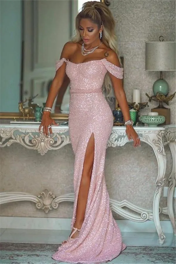 Robe de soirée sirène élégante à paillettes roses avec fente jusqu'aux cuisses