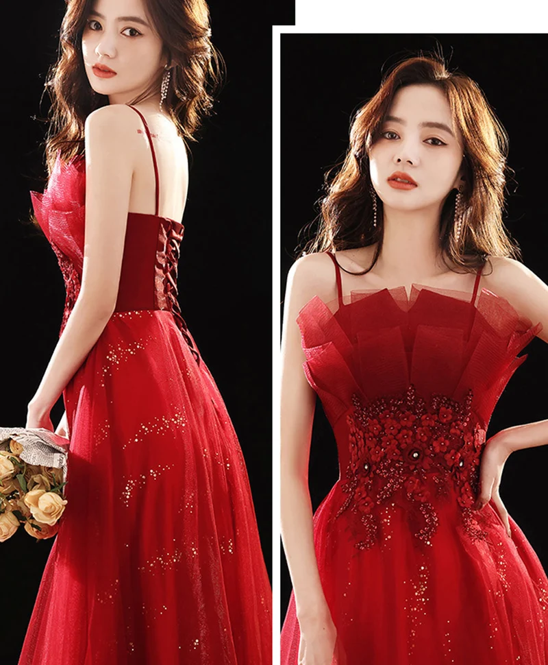 Robe de bal longue élégante en tulle bordeaux avec coupe trapèze