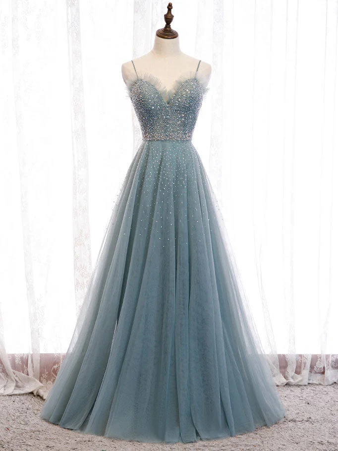 Robe de bal élégante en tulle vert à paillettes et col en cœur