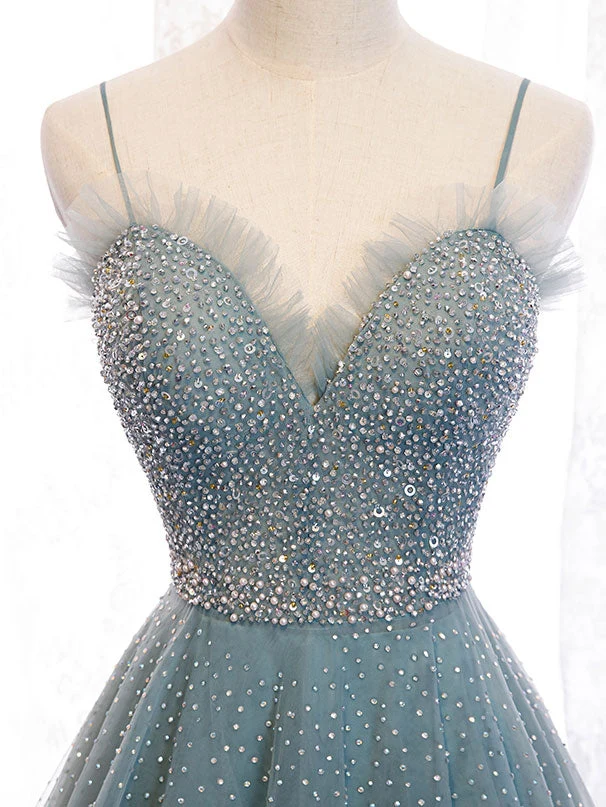 Robe de bal élégante en tulle vert à paillettes et col en cœur