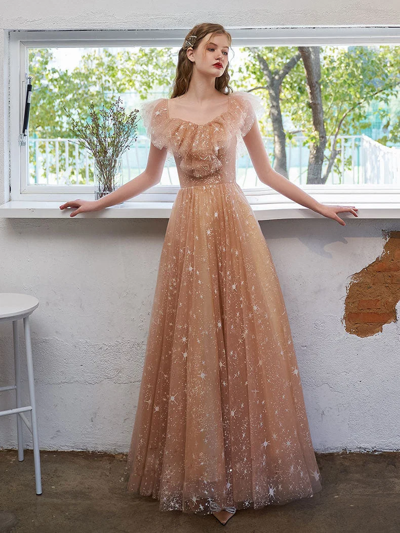 Robe de bal élégante en tulle et dentelle, épaules dénudées, avec soutien-gorge intégré, coupe champagne