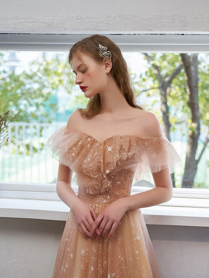Robe de bal élégante en tulle et dentelle, épaules dénudées, avec soutien-gorge intégré, coupe champagne