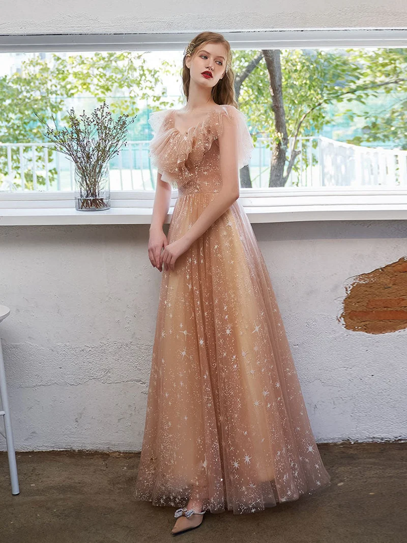 Robe de bal élégante en tulle et dentelle, épaules dénudées, avec soutien-gorge intégré, coupe champagne