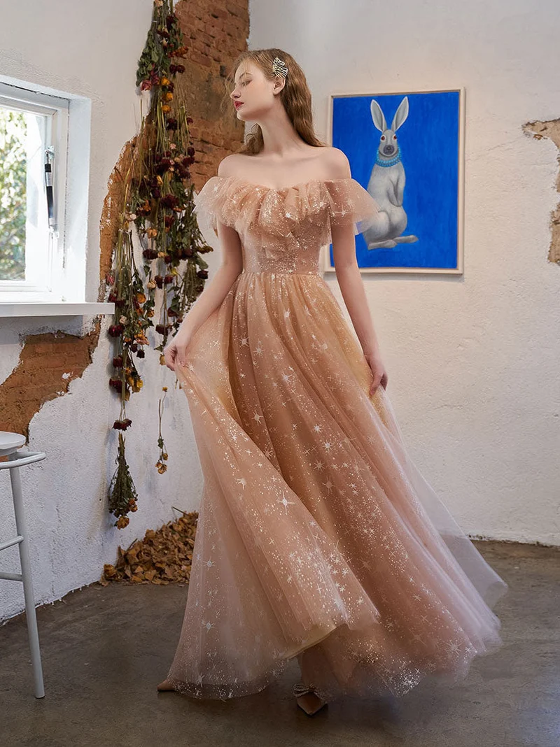 Robe de bal élégante en tulle et dentelle, épaules dénudées, avec soutien-gorge intégré, coupe champagne