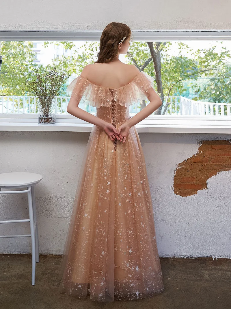 Robe de bal élégante en tulle et dentelle, épaules dénudées, avec soutien-gorge intégré, coupe champagne