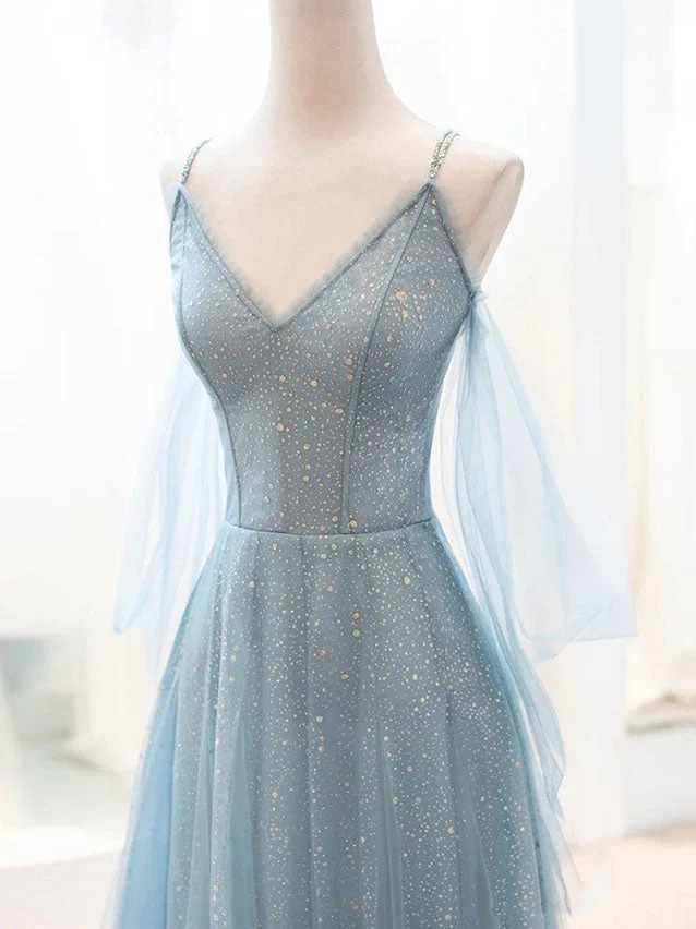 Robe de bal longue élégante en tulle à paillettes et col en V gris-bleu : une superbe robe de soirée