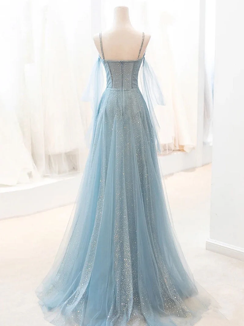 Robe de bal longue élégante en tulle à paillettes et col en V gris-bleu : une superbe robe de soirée