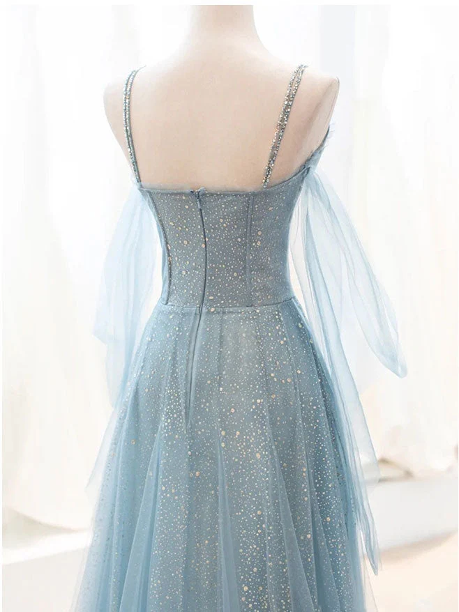 Robe de bal longue élégante en tulle à paillettes et col en V gris-bleu : une superbe robe de soirée