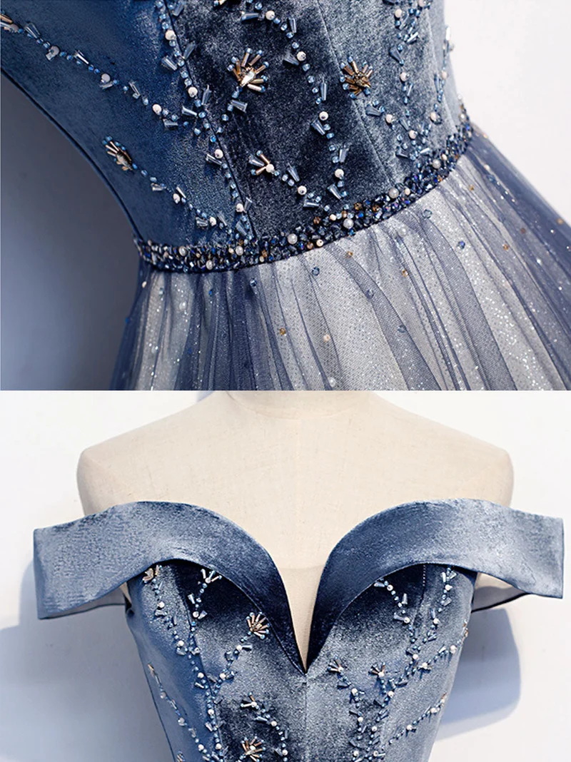 Robe de bal longue et élégante en tulle bleu, ornée de perles et de détails scintillants
