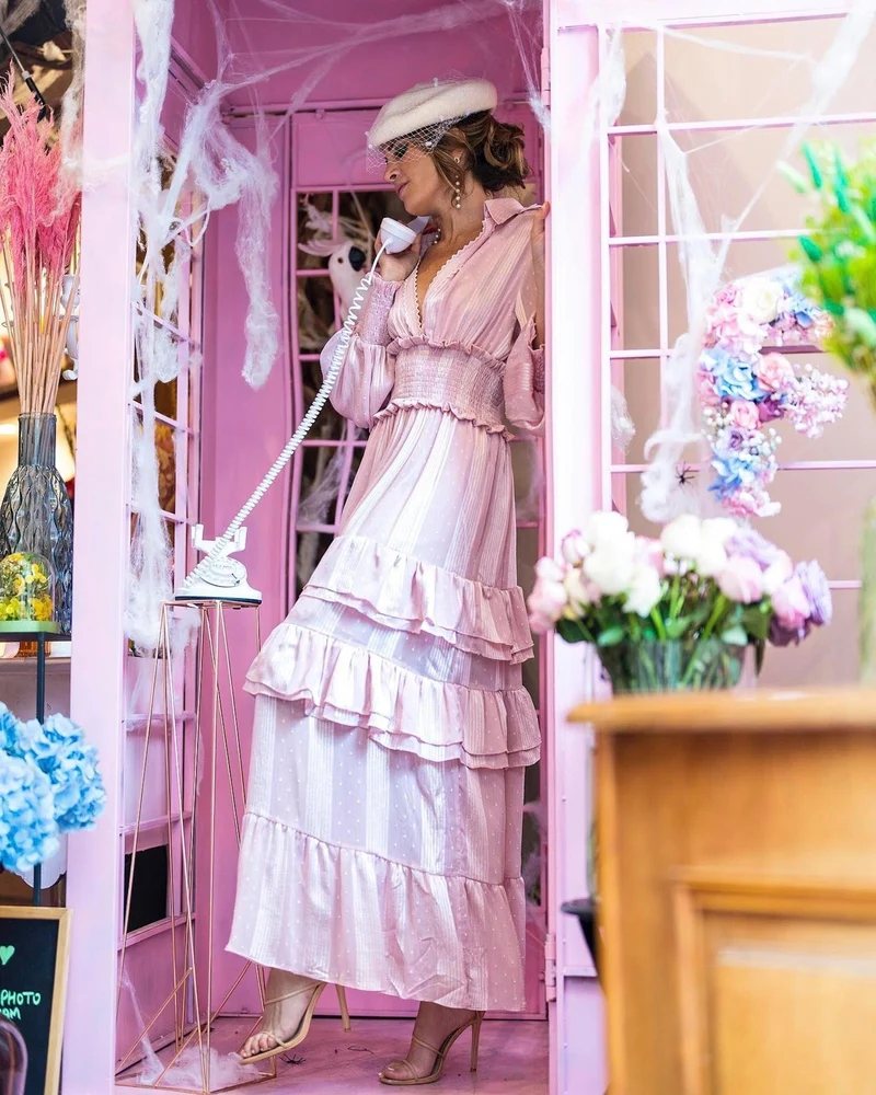 Robe midi en mousseline de soie rose