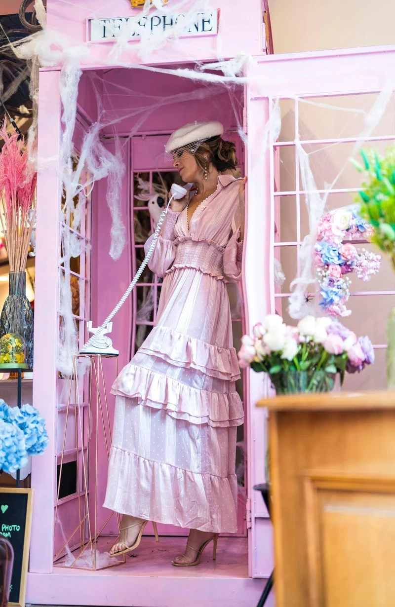 Robe midi en mousseline de soie rose