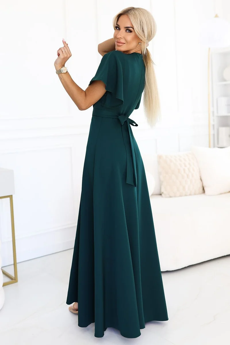 Robe de soirée verte chic longue fendue manches papillon