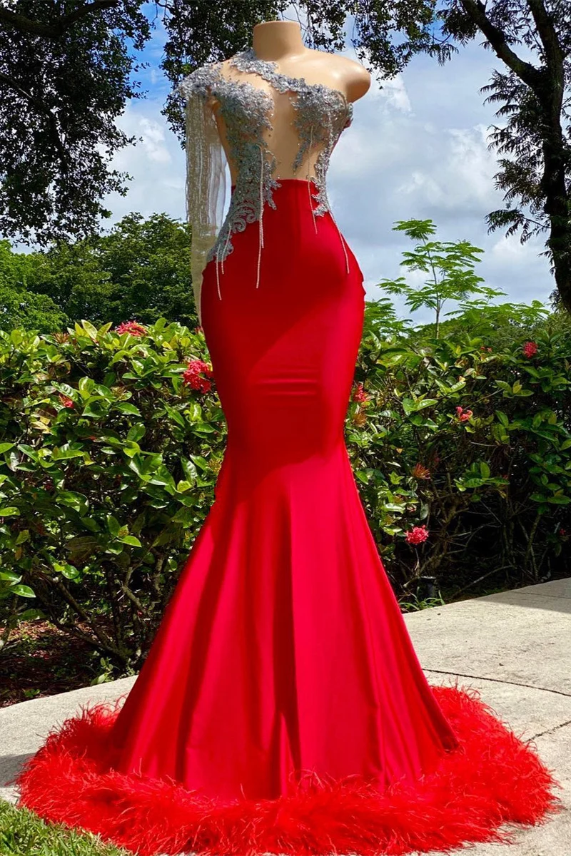 Robe de bal sirène rouge élégante à une épaule avec détails en plumes pour les occasions spéciales