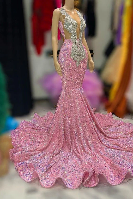 Robe de bal sirène rose scintillante à paillettes et bretelles larges et élégantes
