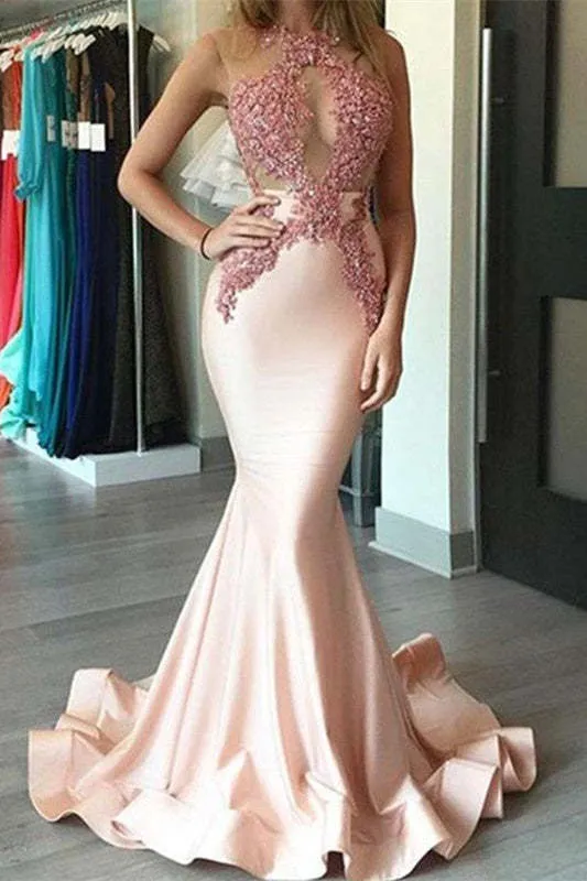 Robe de soirée sirène rose élégante avec appliques en dentelle délicates et ourlet cannelé