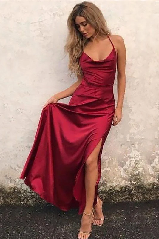 Robe de bal bordeaux élégante à col licou et fente - Idéale pour les occasions spéciales