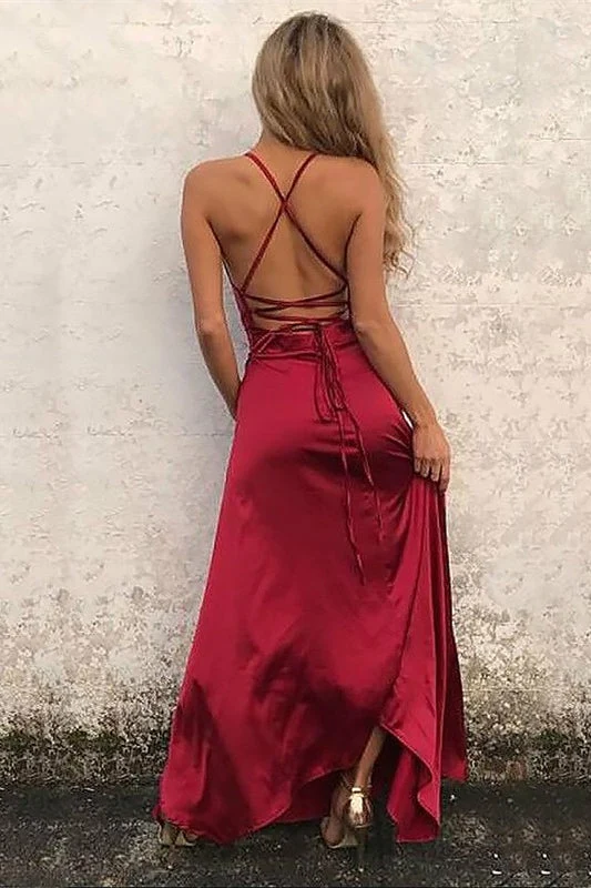 Robe de bal bordeaux élégante à col licou et fente - Idéale pour les occasions spéciales