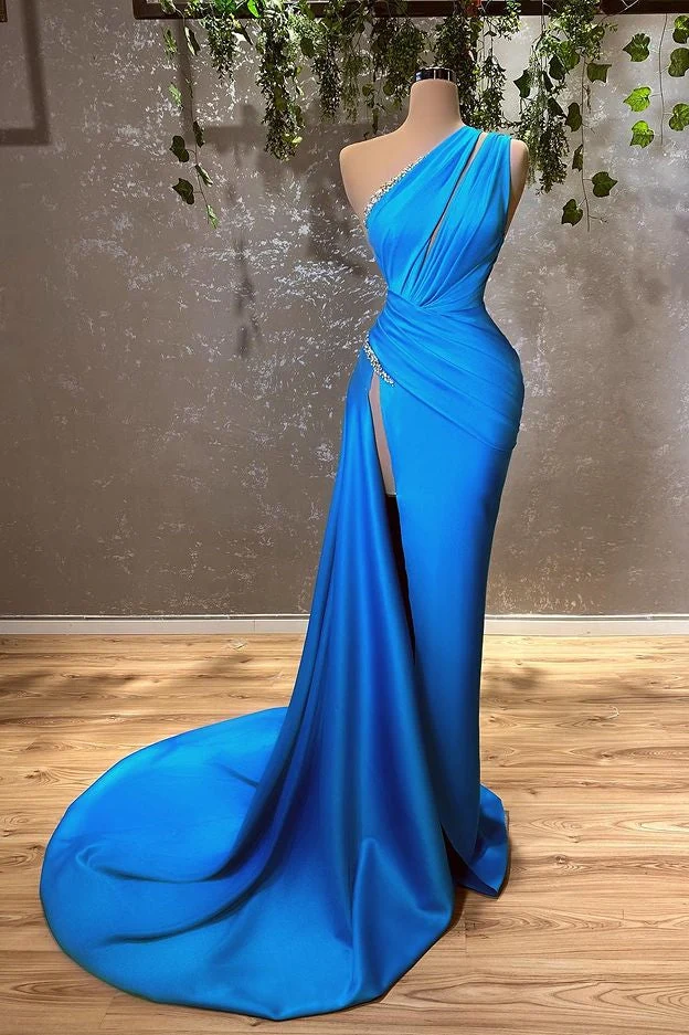 Élégante robe de soirée sirène bleu océan à une épaule et fente jusqu'aux cuisses