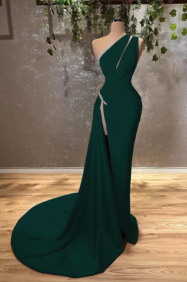 Élégante robe de soirée sirène bleu océan à une épaule et fente jusqu'aux cuisses