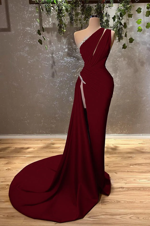 Élégante robe de soirée sirène bleu océan à une épaule et fente jusqu'aux cuisses