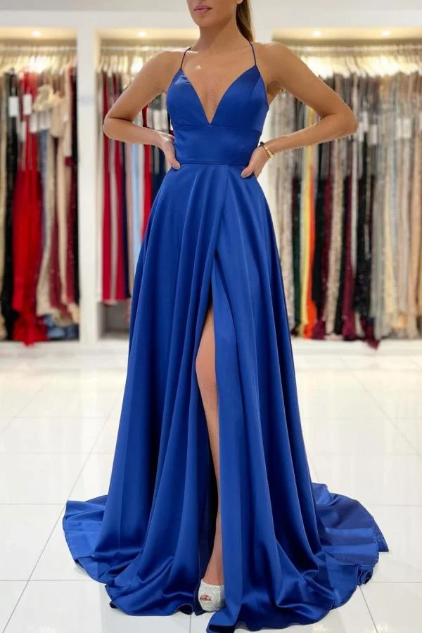 Robe de bal élégante bleu roi à col en V, fente jusqu'aux cuisses et bretelles spaghetti