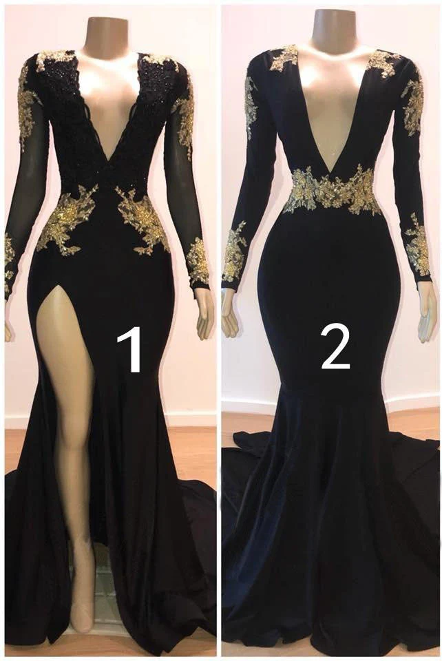 Robe de bal noire élégante : manches longues, appliqués dorés, col en V, coupe sirène