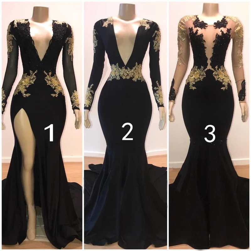 Robe de bal noire élégante : manches longues, appliqués dorés, col en V, coupe sirène