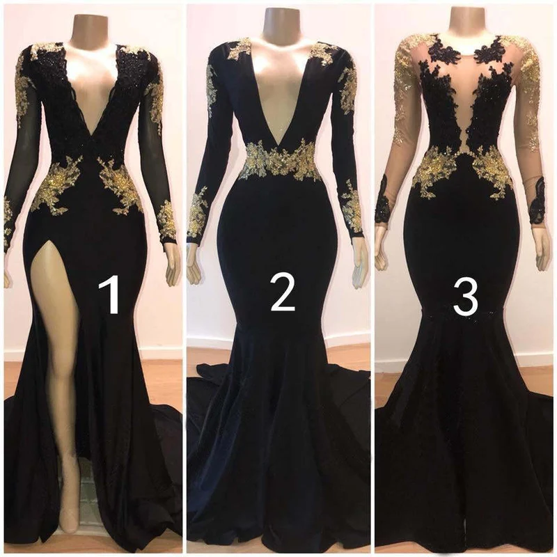 Robe de bal noire élégante : manches longues, appliqués dorés, col en V, coupe sirène
