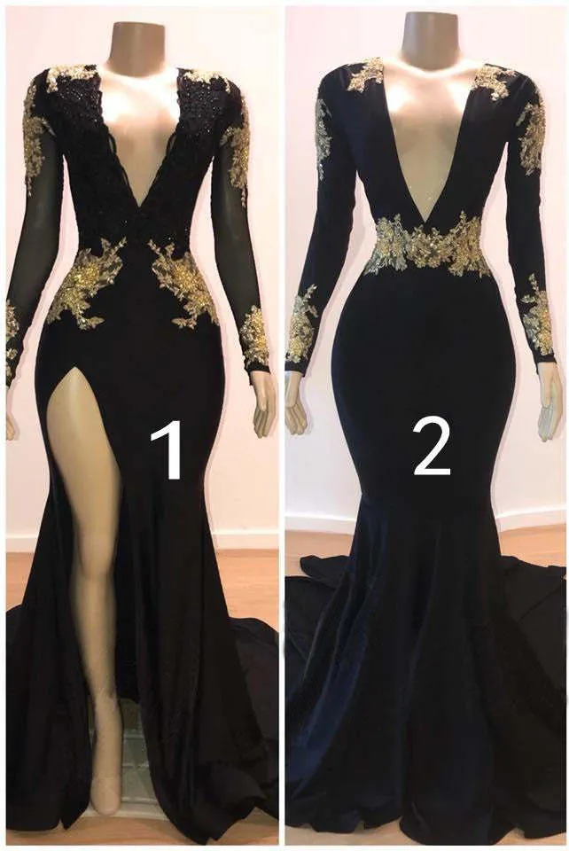 Robe de bal noire élégante : manches longues, appliqués dorés, col en V, coupe sirène