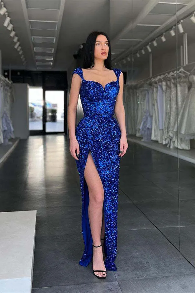 Robe de bal sirène bleu roi à manches courtes et paillettes longues avec fente