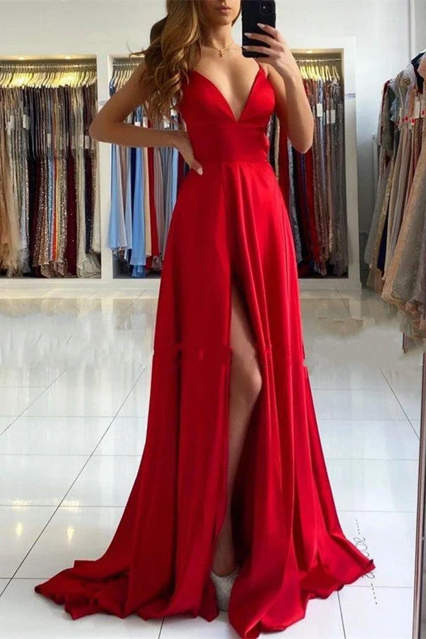 Robe de bal rouge élégante à col en V et fente haute pour les occasions spéciales