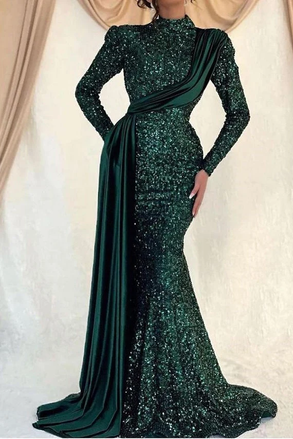 Robe de soirée sirène à manches longues et col haut, à paillettes éblouissantes, à volants