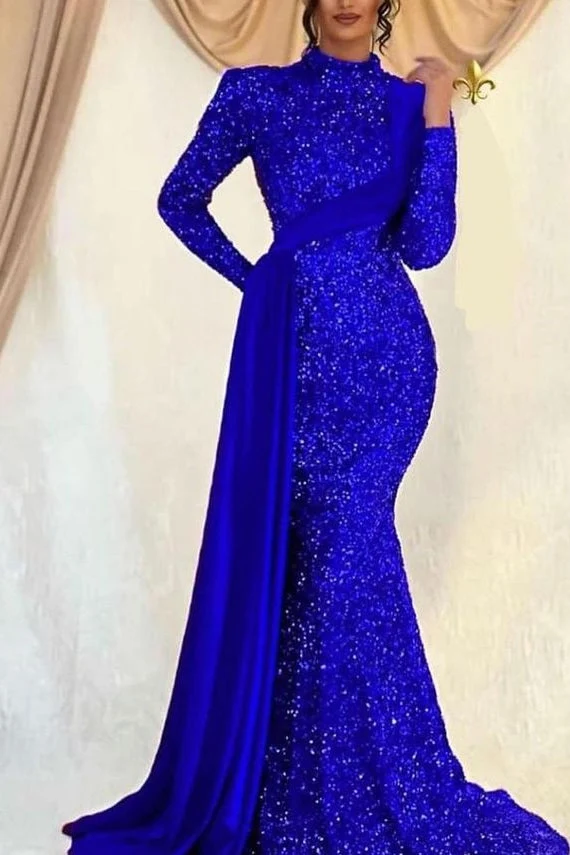 Robe de soirée sirène à manches longues et col haut, à paillettes éblouissantes, à volants